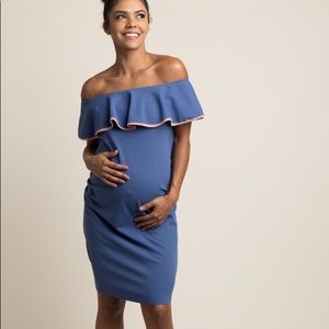 Blue Off Shoulder Ruffle Fitted Maternity Dress